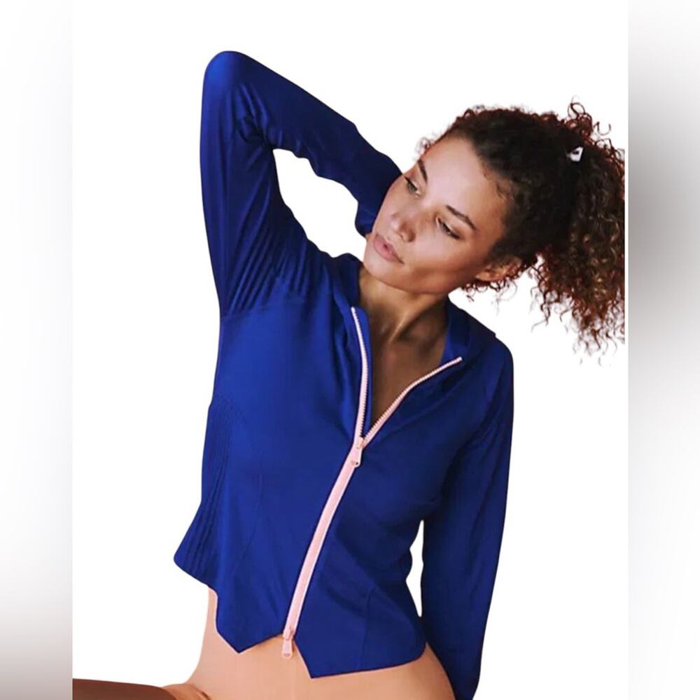 Free People FP Movement Playin For Keeps Blue Orange Track Jacket size Large
